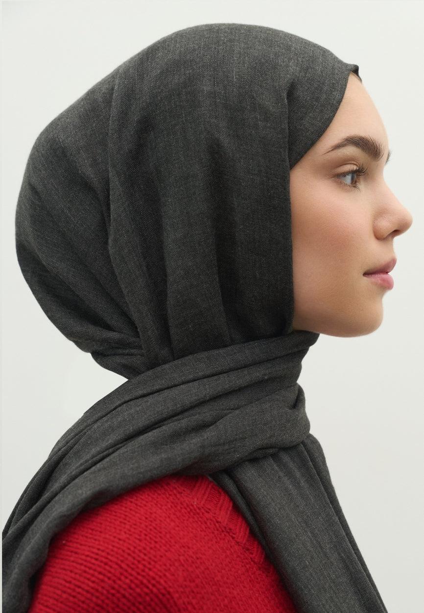 Detail shot of Anthracite Cashmere Textured Scarf fabric and stitching