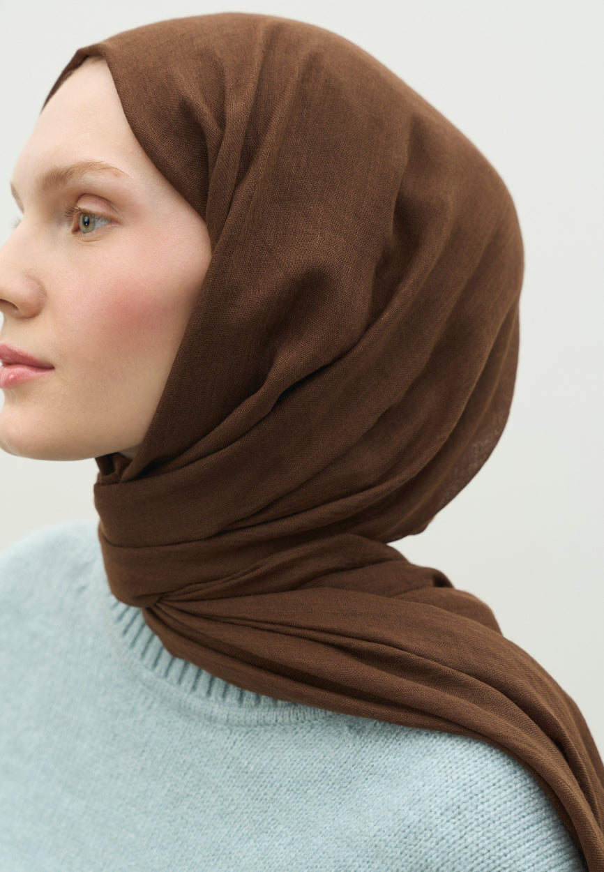 Detail shot of Brown Coffee Cashmere Textured Scarf fabric and stitching