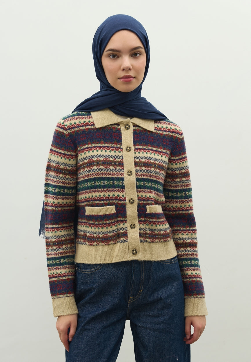 Detail shot of Navy Blue Cashmere Textured Scarf fabric and stitching