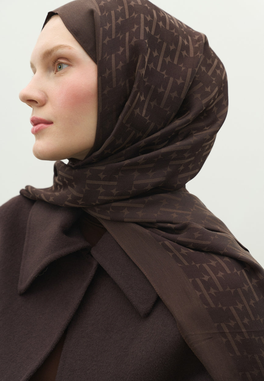Brown Monogram Cotton Flush Jacquard Hijab Bitter close-up showing quality craftsmanship