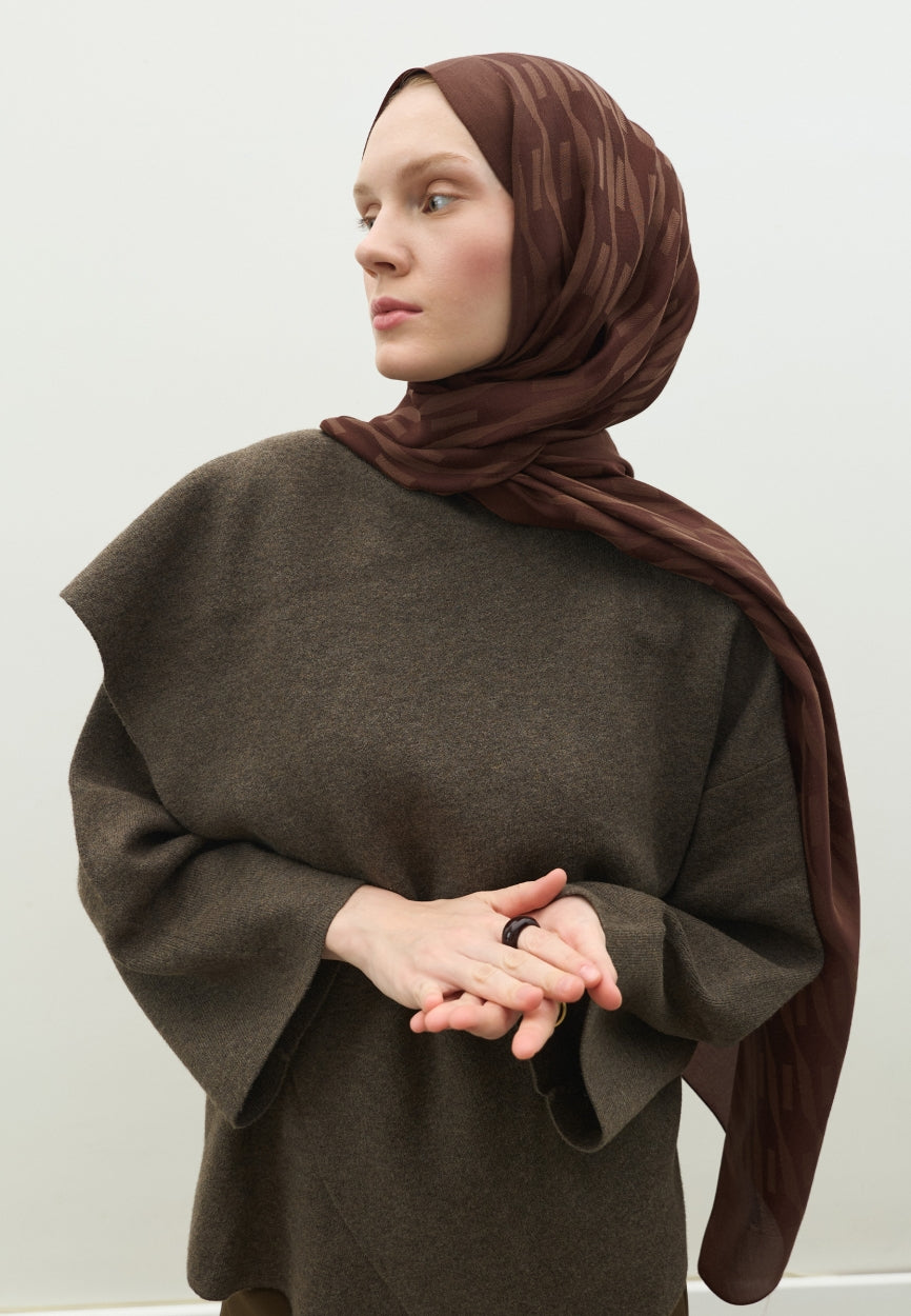 Detail shot of Bark Nara Cotton Flush Jacquard Hijab Tree fabric and stitching