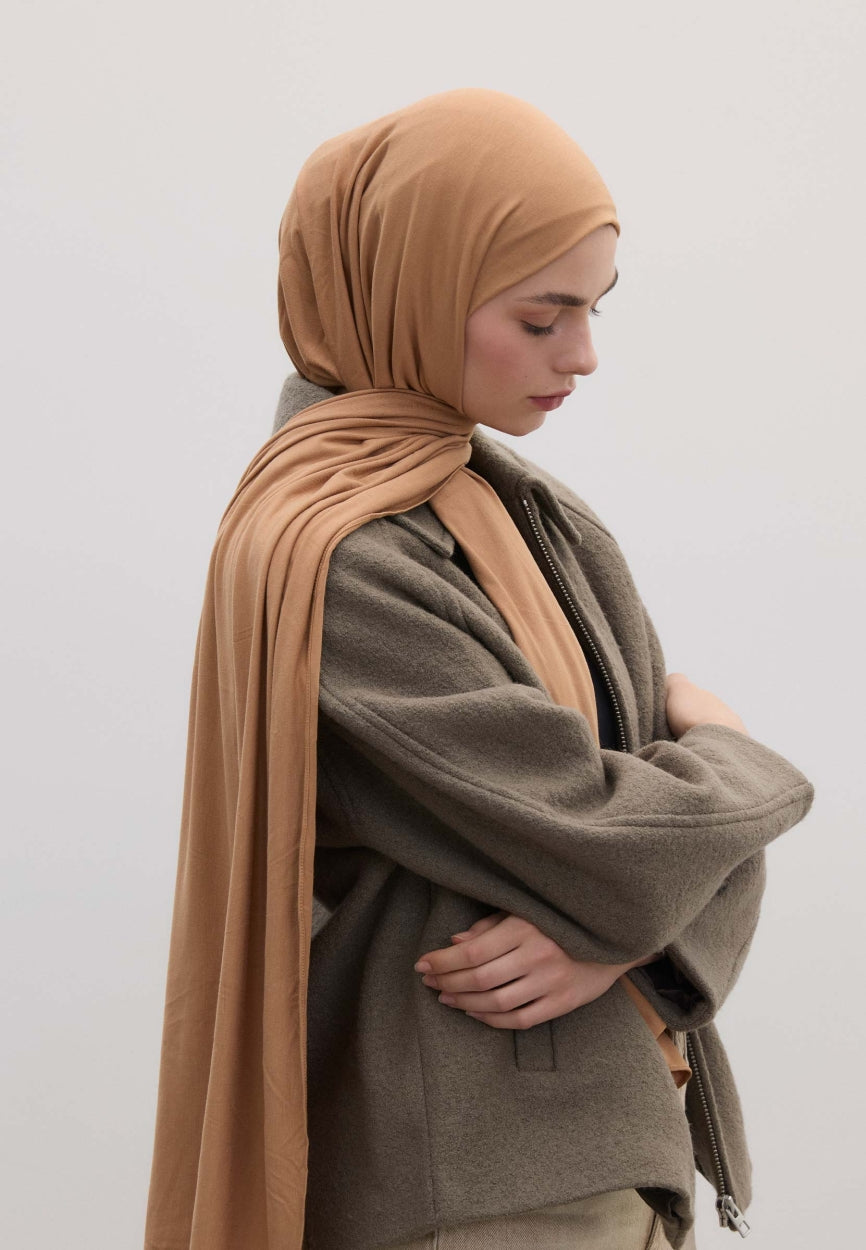 Qivola Bamboo Jersey Scarf in Almond, back view