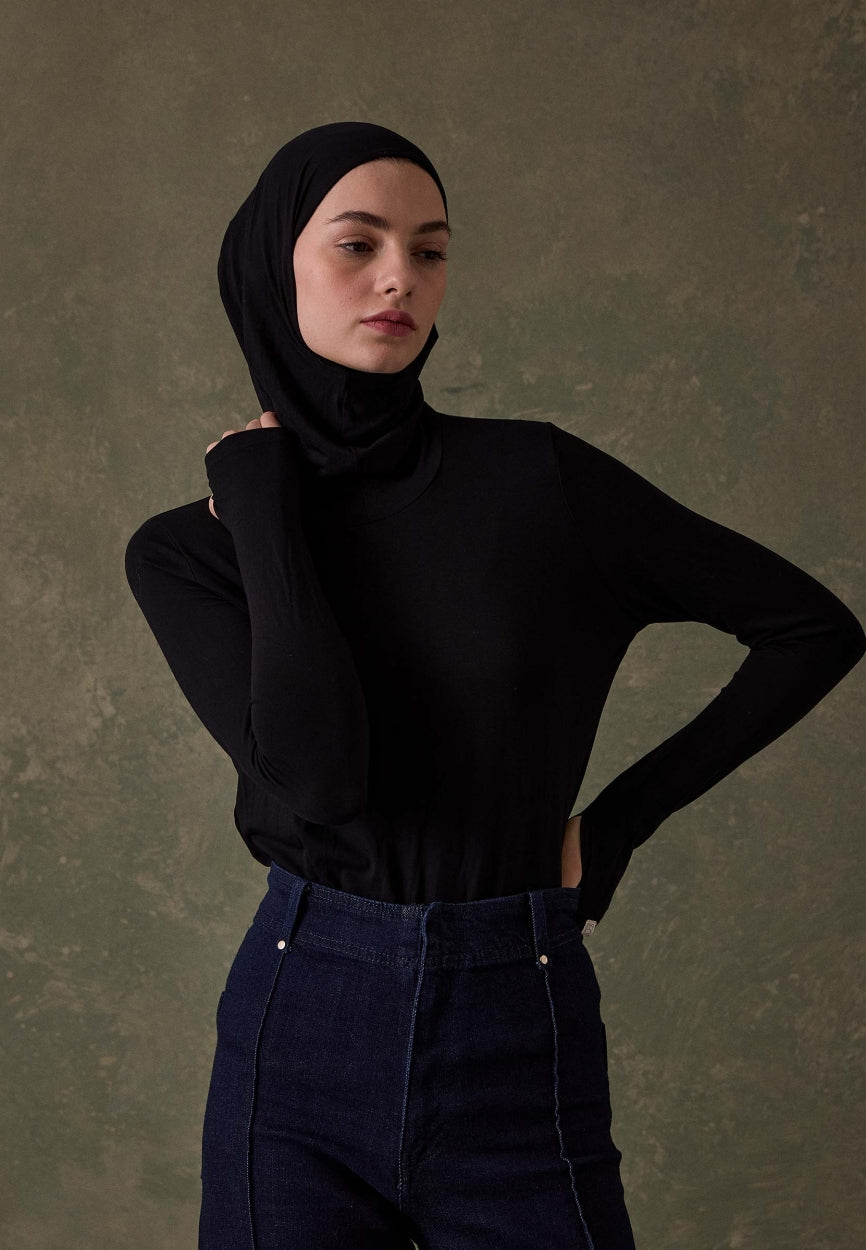 Front view of Black Bonnet Head Body, modest Undershirt for weddings