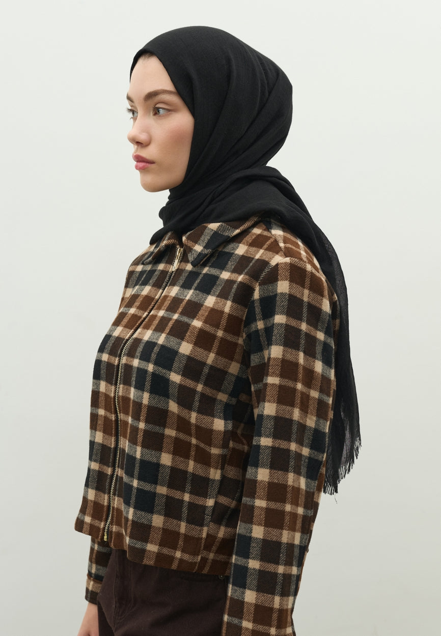 Back view of Black Cashmere Textured Hijab displaying full coverage design
