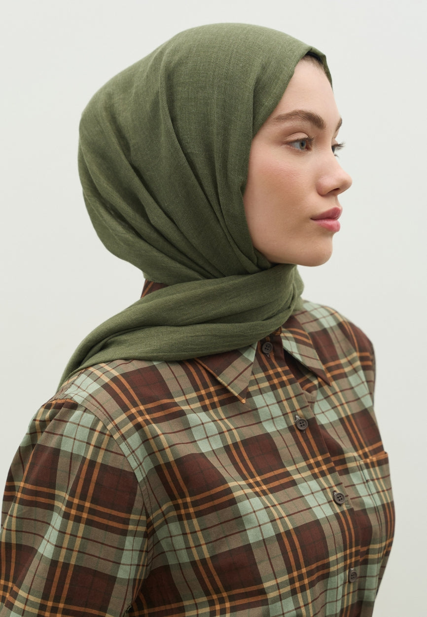 Back view of Khaki Cashmere Textured Hijab displaying full coverage design