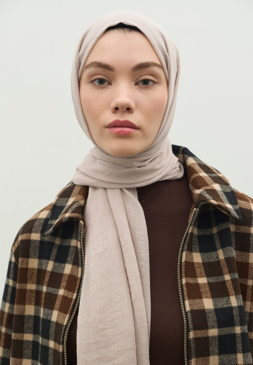 Back view of Beige Cashmere Textured Hijab displaying full coverage design