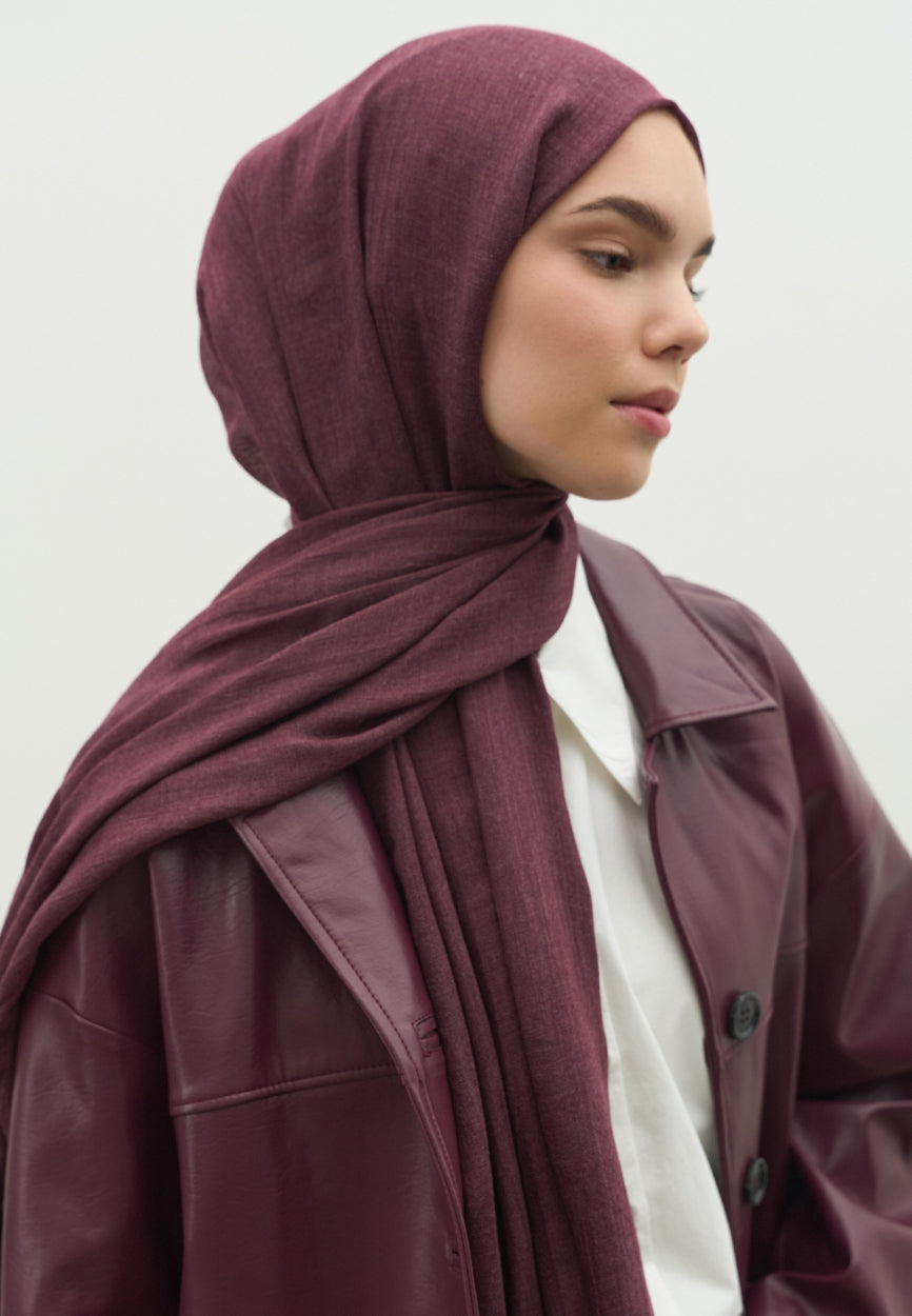 Back view of Plum Cashmere Textured Scarf displaying full coverage design