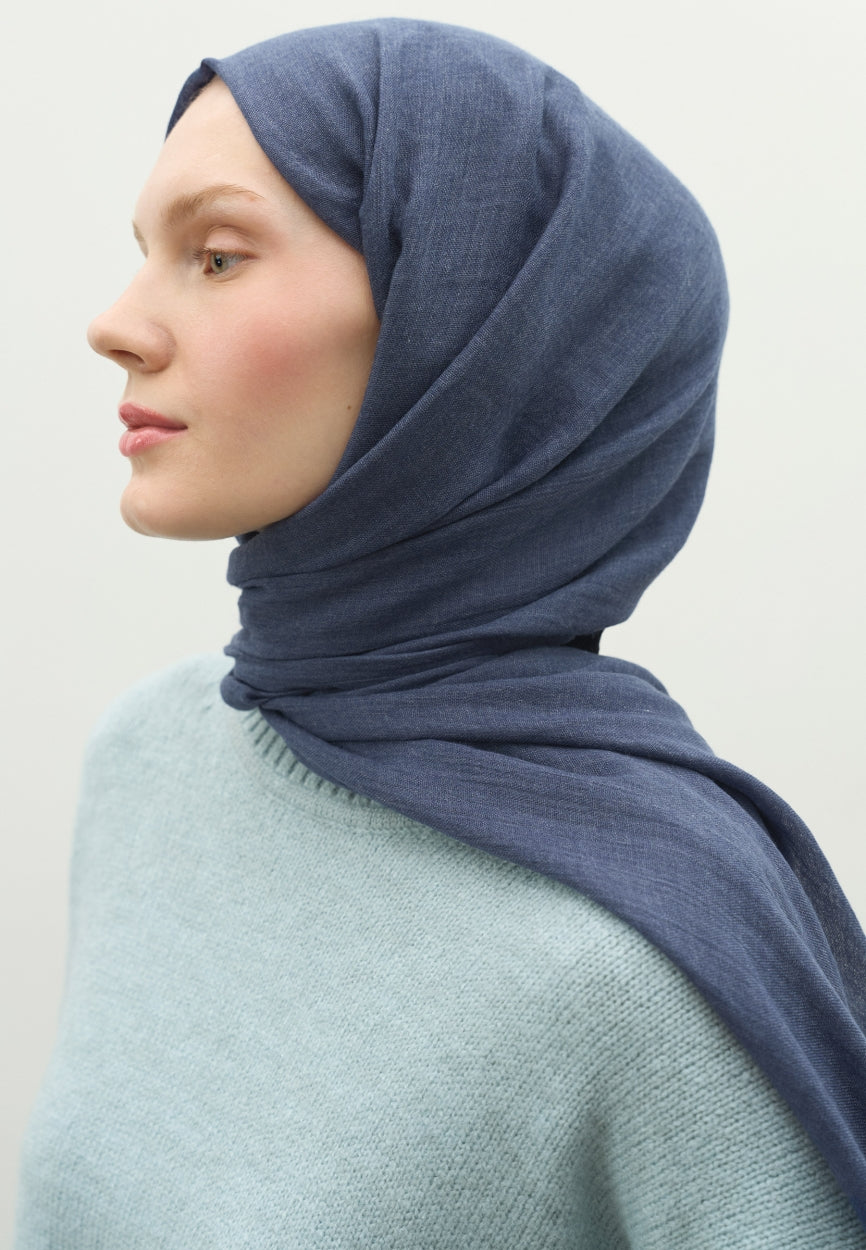 Back view of Indigo Cashmere Textured Scarf displaying full coverage design