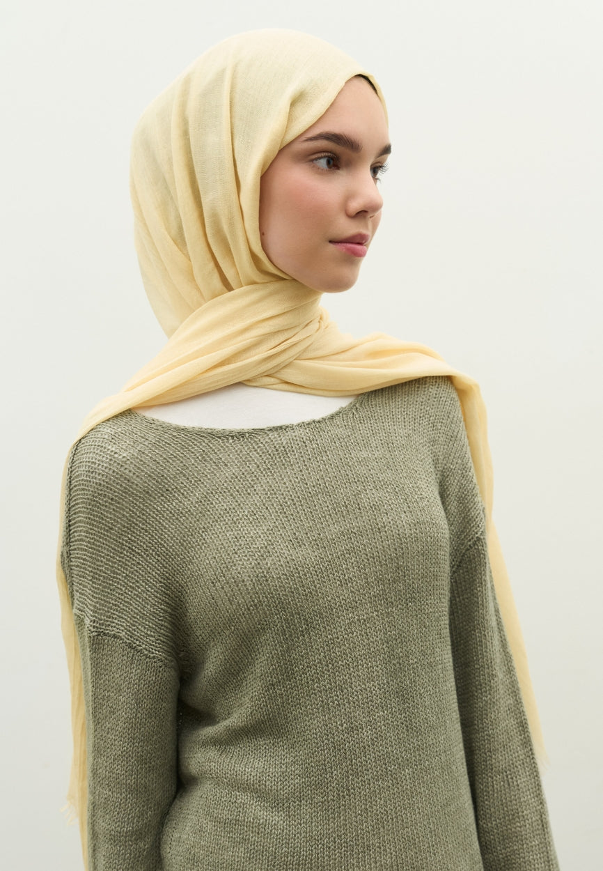 Yellow Cashmere Textured Scarf Butter side angle showing elegant silhouette