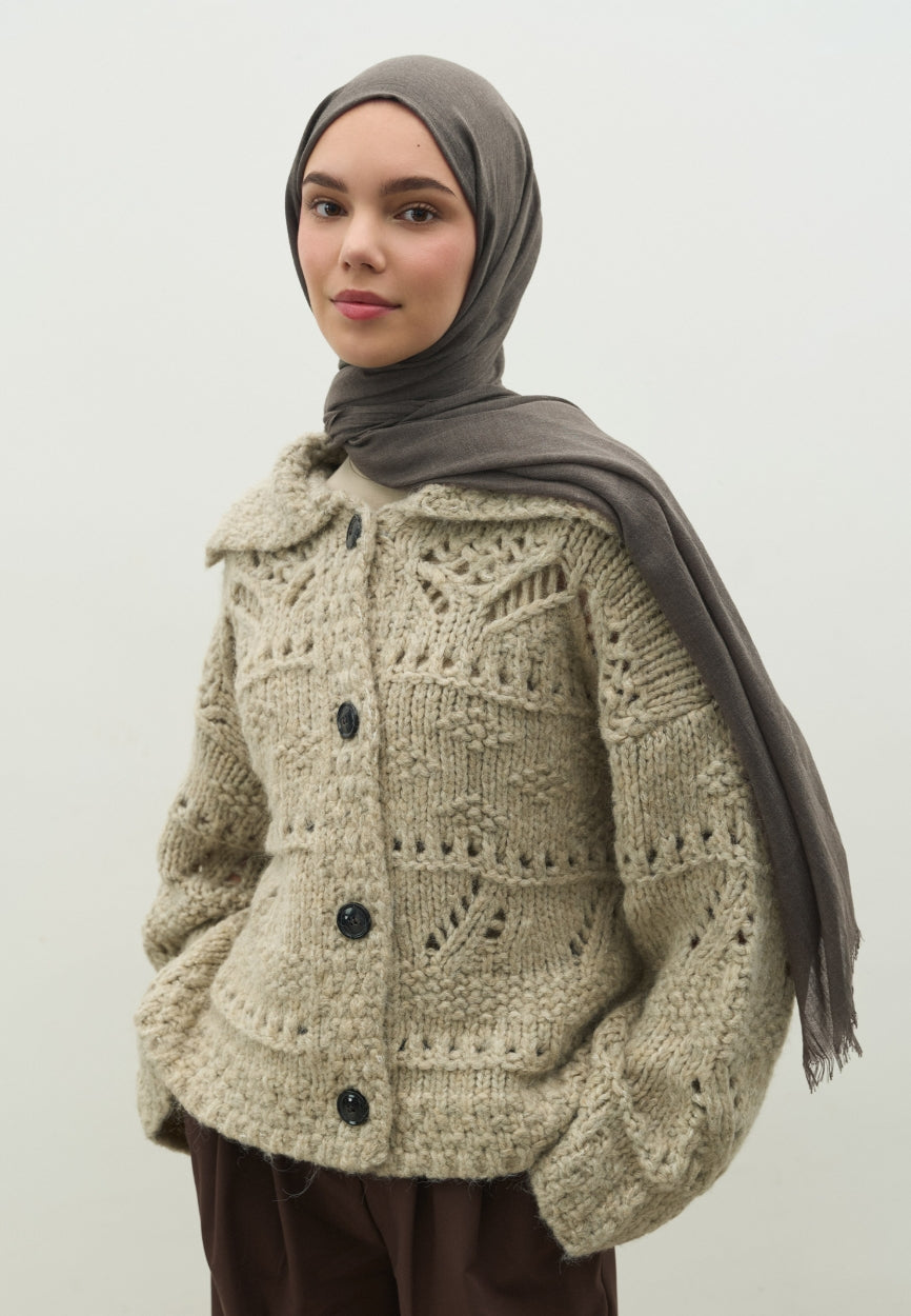 Smoke Cashmere Textured Scarf side angle showing elegant silhouette