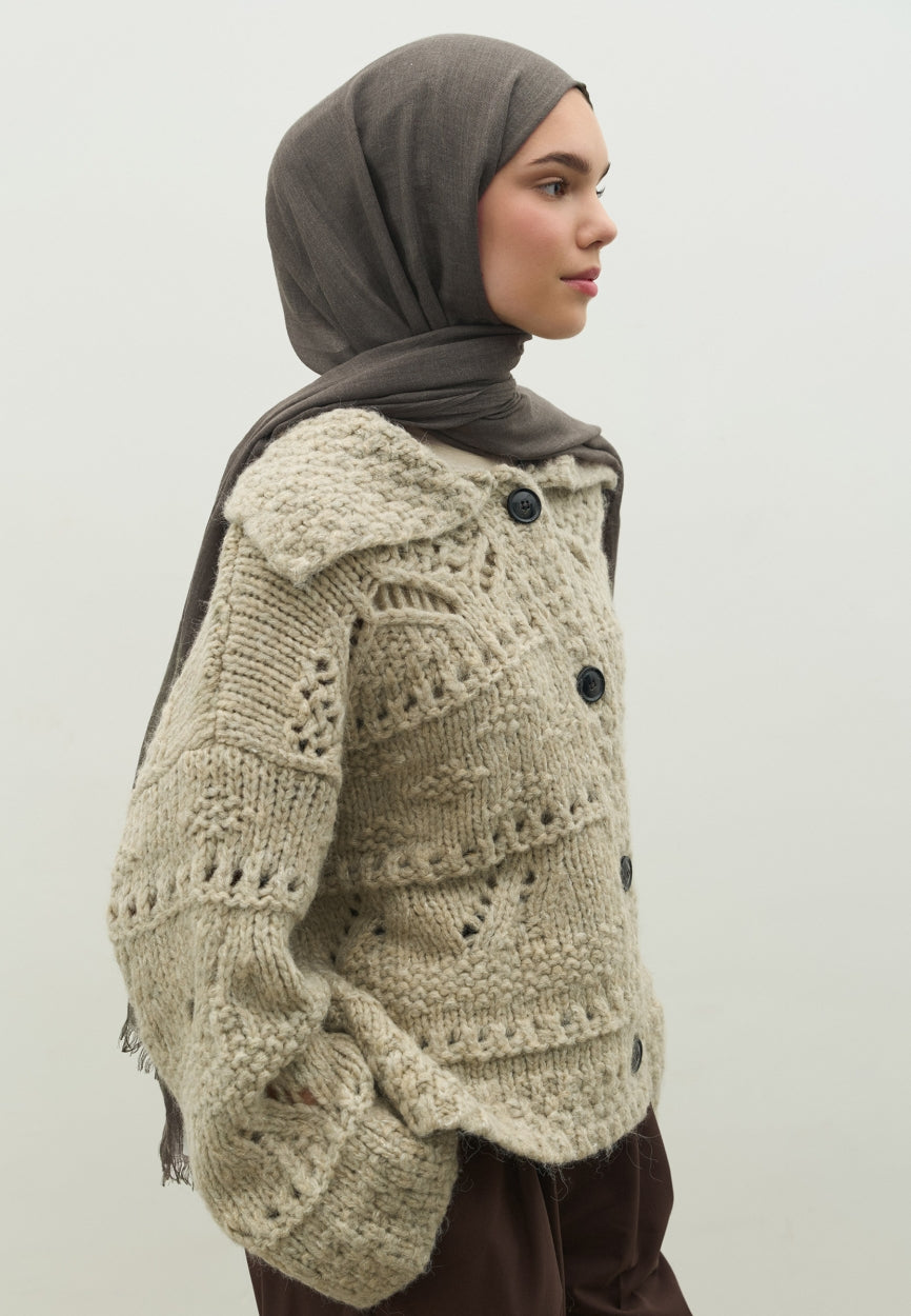 Back view of Smoke Cashmere Textured Scarf displaying full coverage design