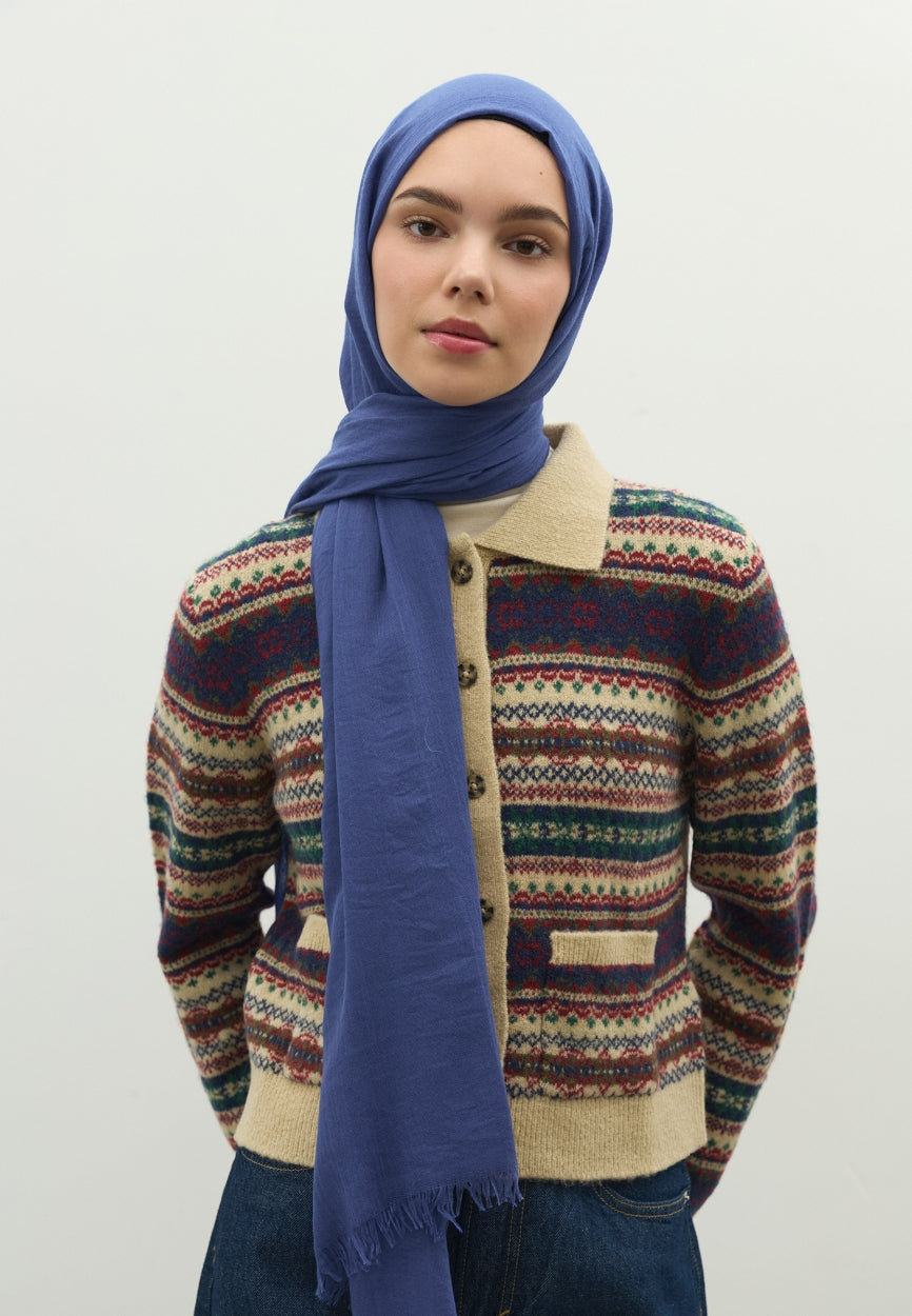 Blue Cashmere Textured Scarf Dark side angle showing elegant silhouette