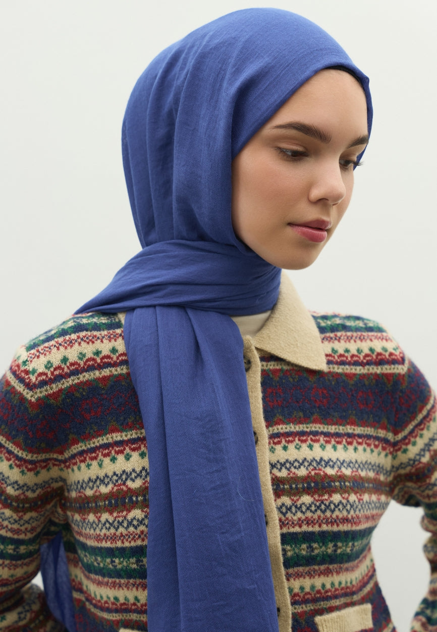 Back view of Blue Cashmere Textured Scarf Dark displaying full coverage design