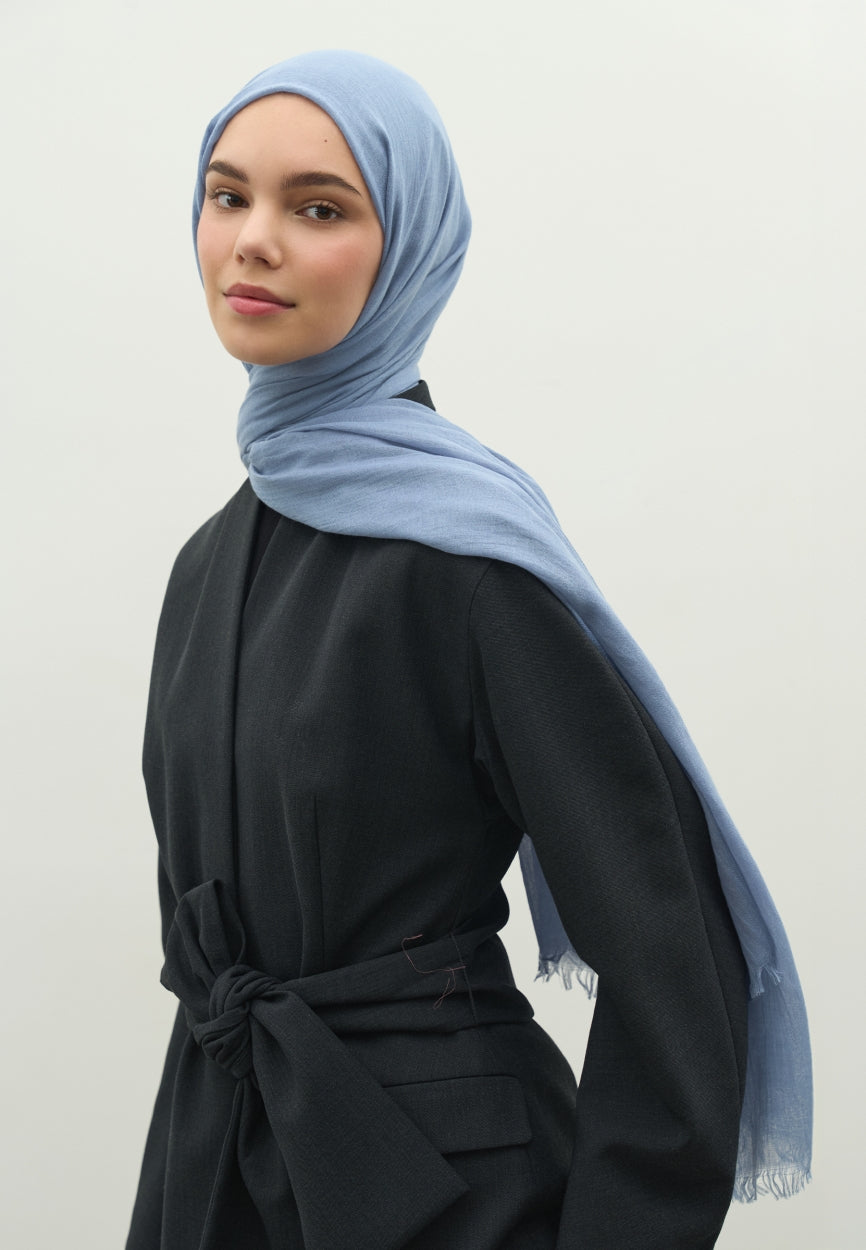 Front view of Blue Cashmere Textured Scarf Denim, modest Scarf for professional events