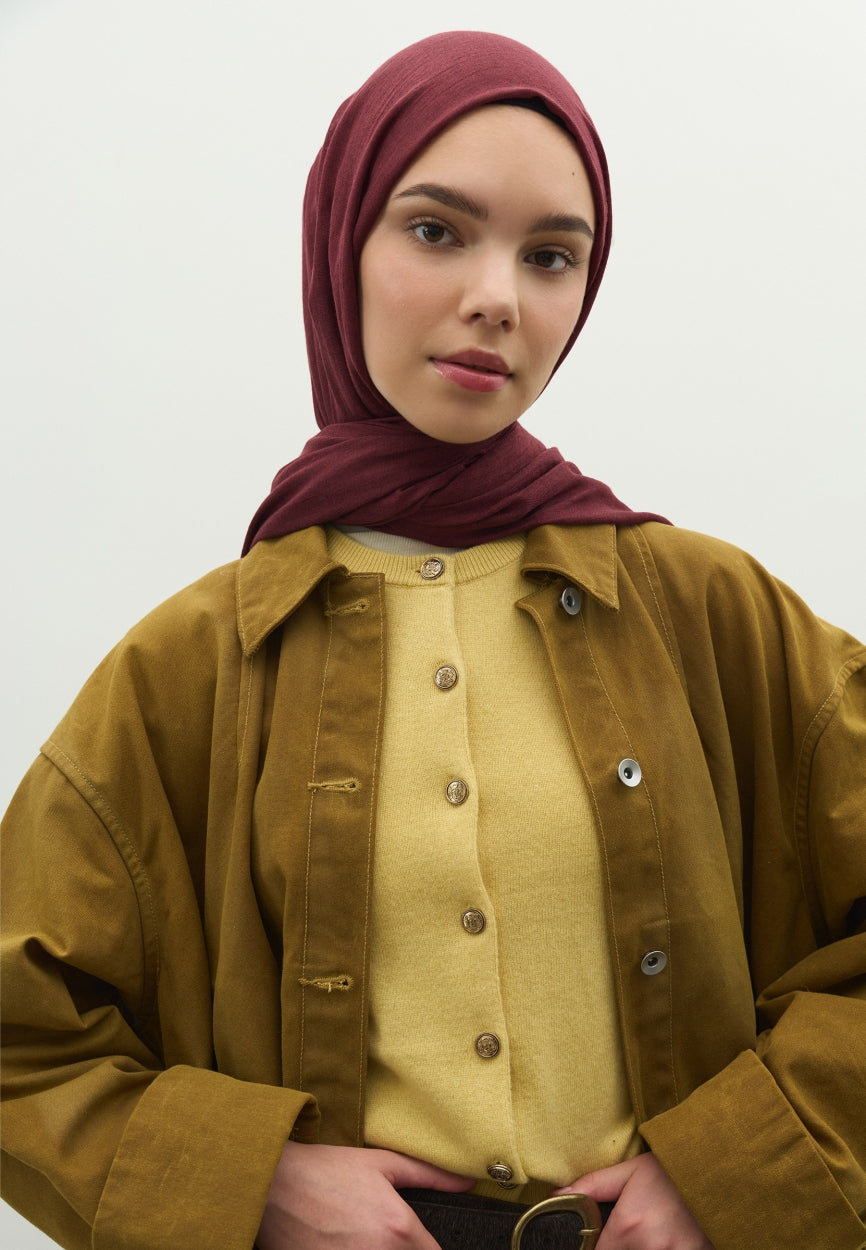 Back view of Burgundy Cashmere Textured Scarf displaying full coverage design