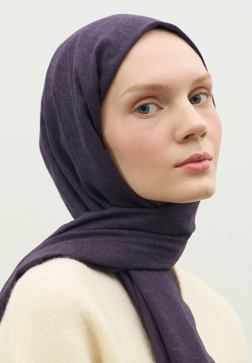 Back view of Purple Cashmere Textured Scarf Eggplant displaying full coverage design