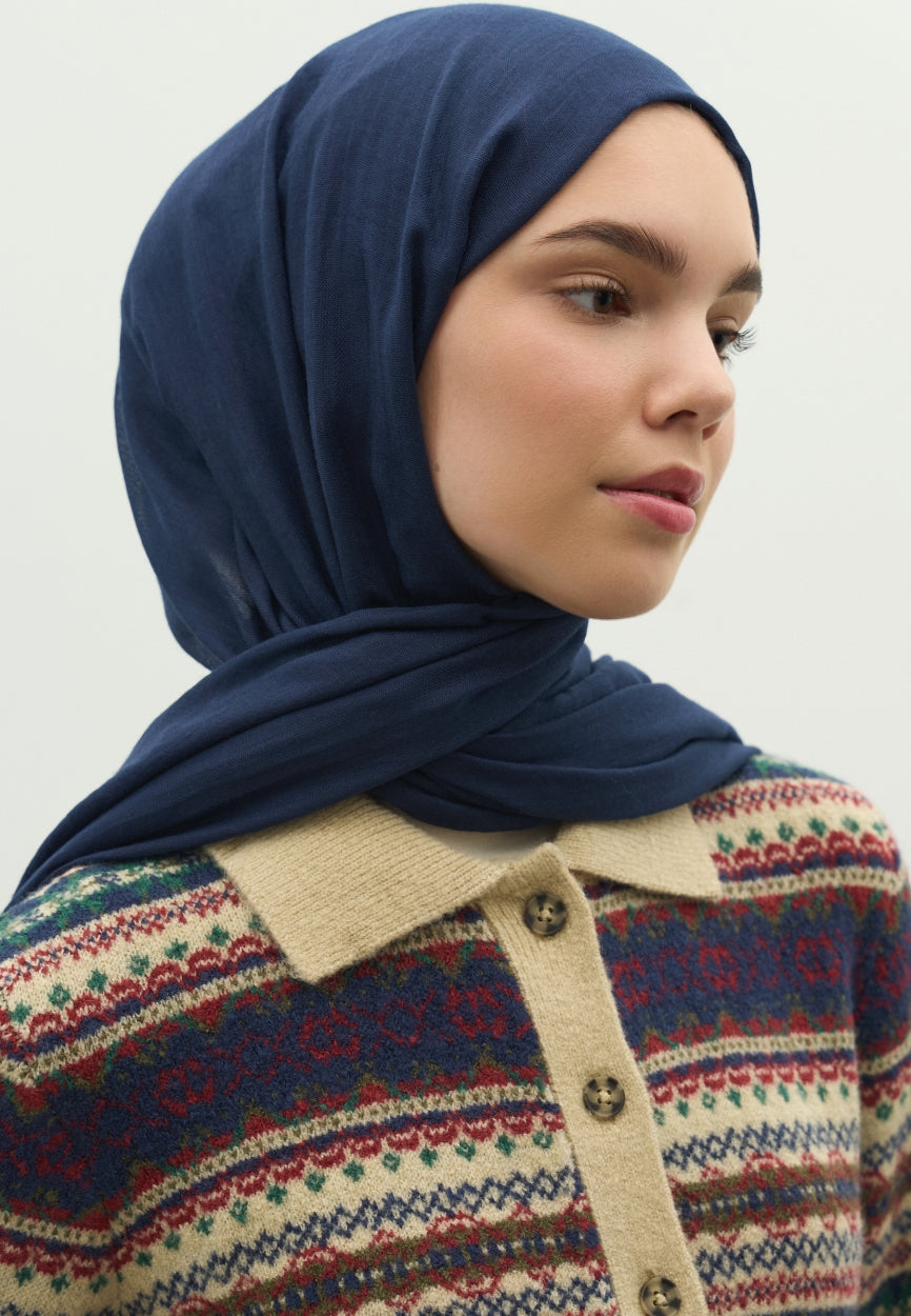 Navy Blue Cashmere Textured Scarf side angle showing elegant silhouette