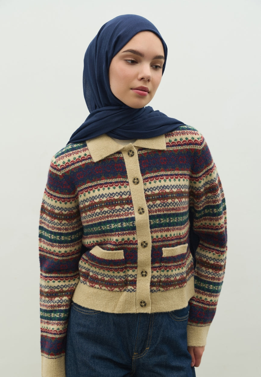 Back view of Navy Blue Cashmere Textured Scarf displaying full coverage design