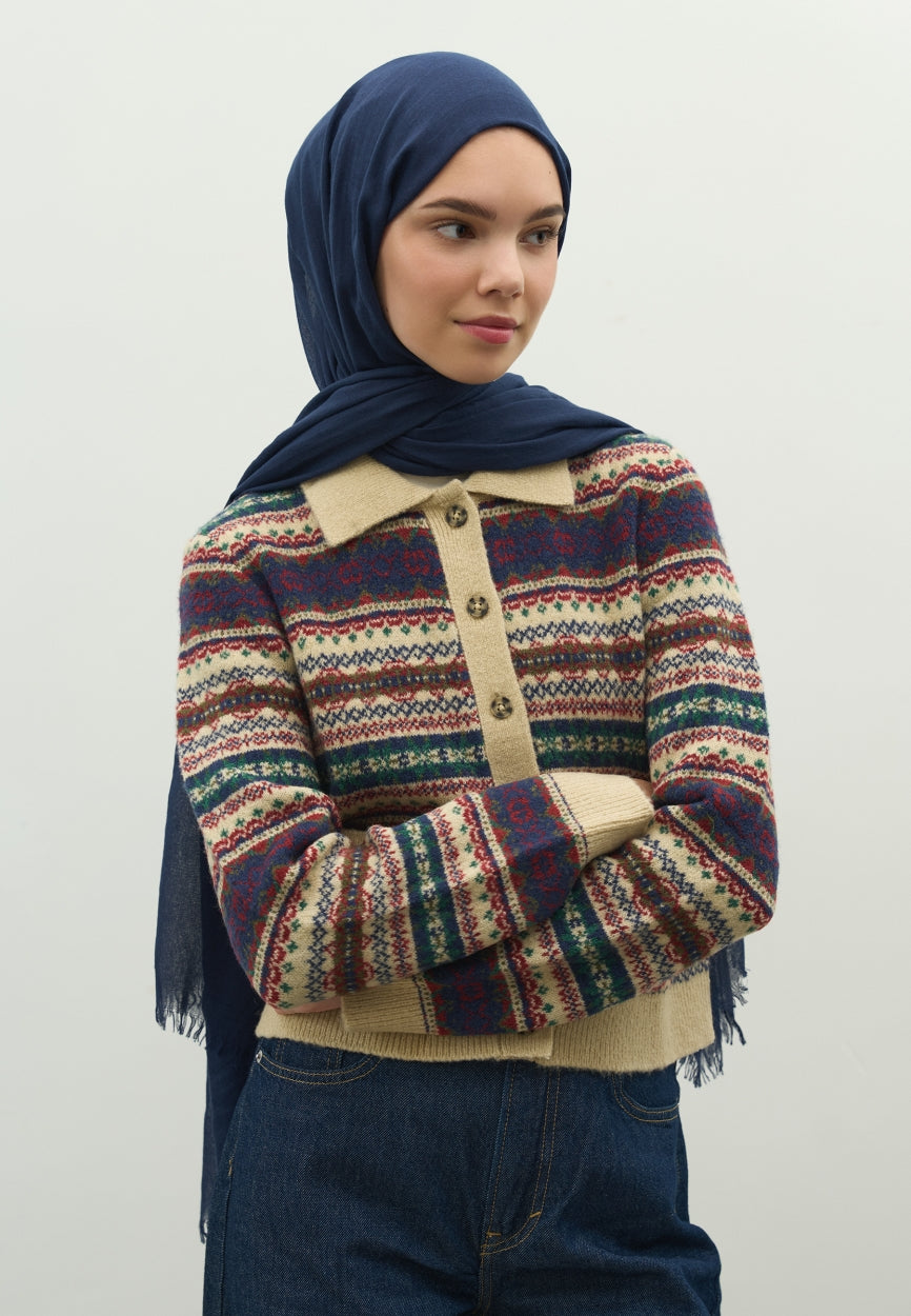 Front view of Navy Blue Cashmere Textured Scarf, modest Scarf for professional events