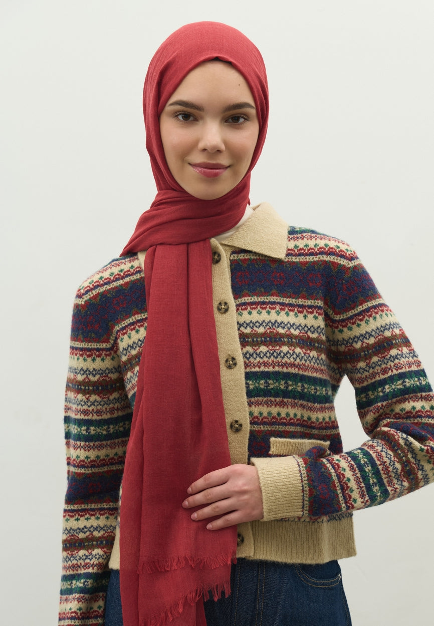 Rejection Cashmere Textured Scarf Red side angle showing elegant silhouette