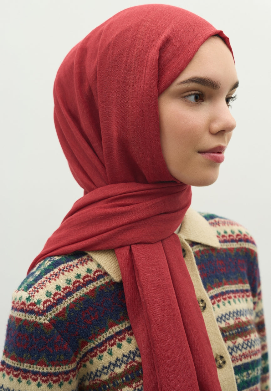 Back view of Rejection Cashmere Textured Scarf Red displaying full coverage design