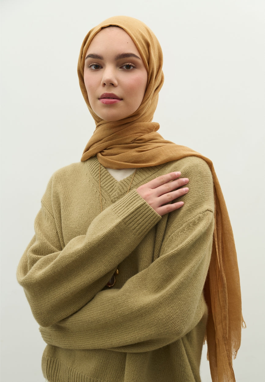 Front view of Brown Coffee Cashmere Textured Wrap Milk Coffee, modest Hijab for autumn events