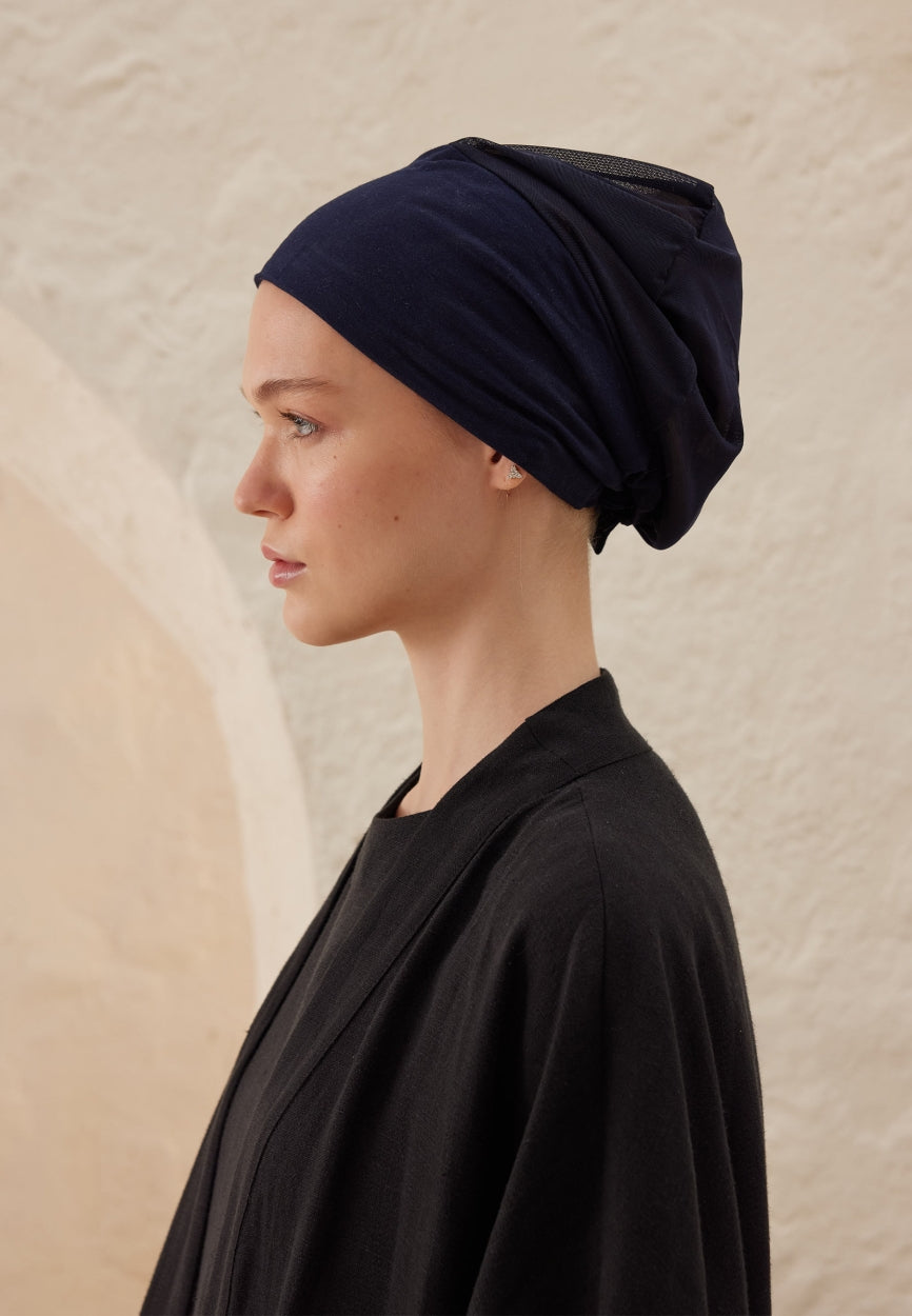 Front view of Blue Silicone Non-Slip Net Bonnet Dark, modest Scarf for professional events