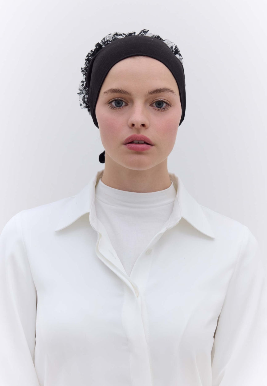 Black Lace Bun Bonnet (Lace Eva) side angle showing elegant silhouette