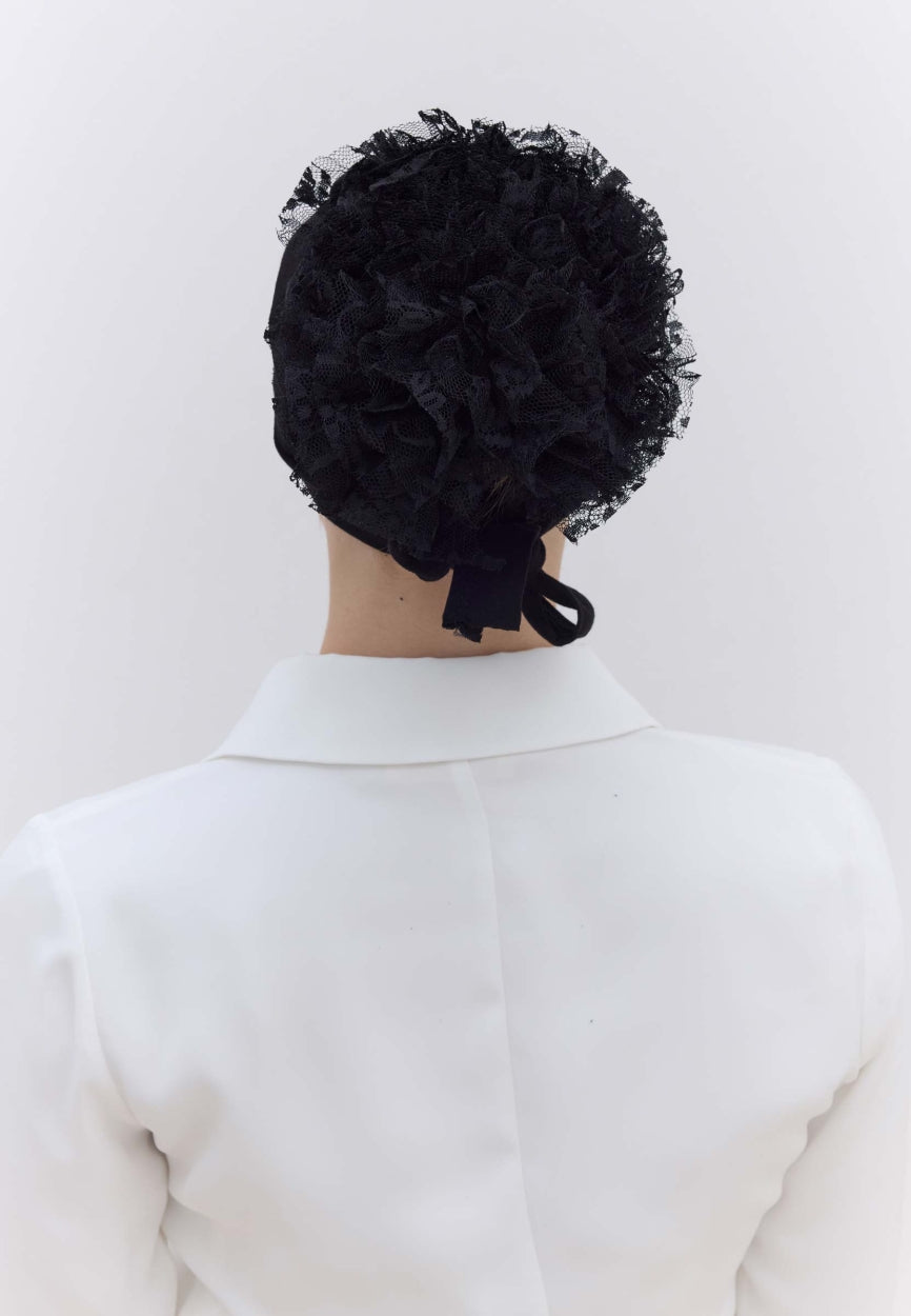 Back view of Black Lace Bun Bonnet (Lace Eva) displaying full coverage design