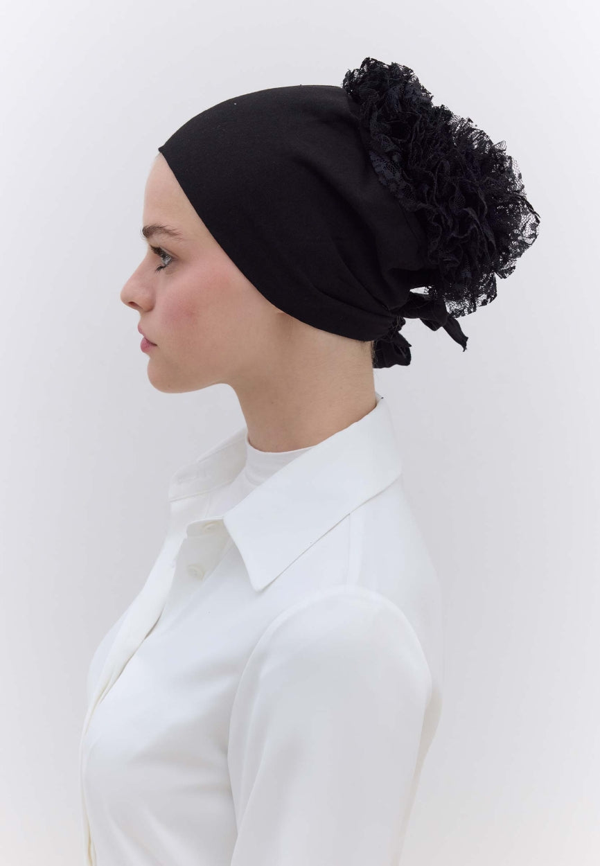 Front view of Black Lace Bun Bonnet (Lace Eva), modest Scarf for weddings