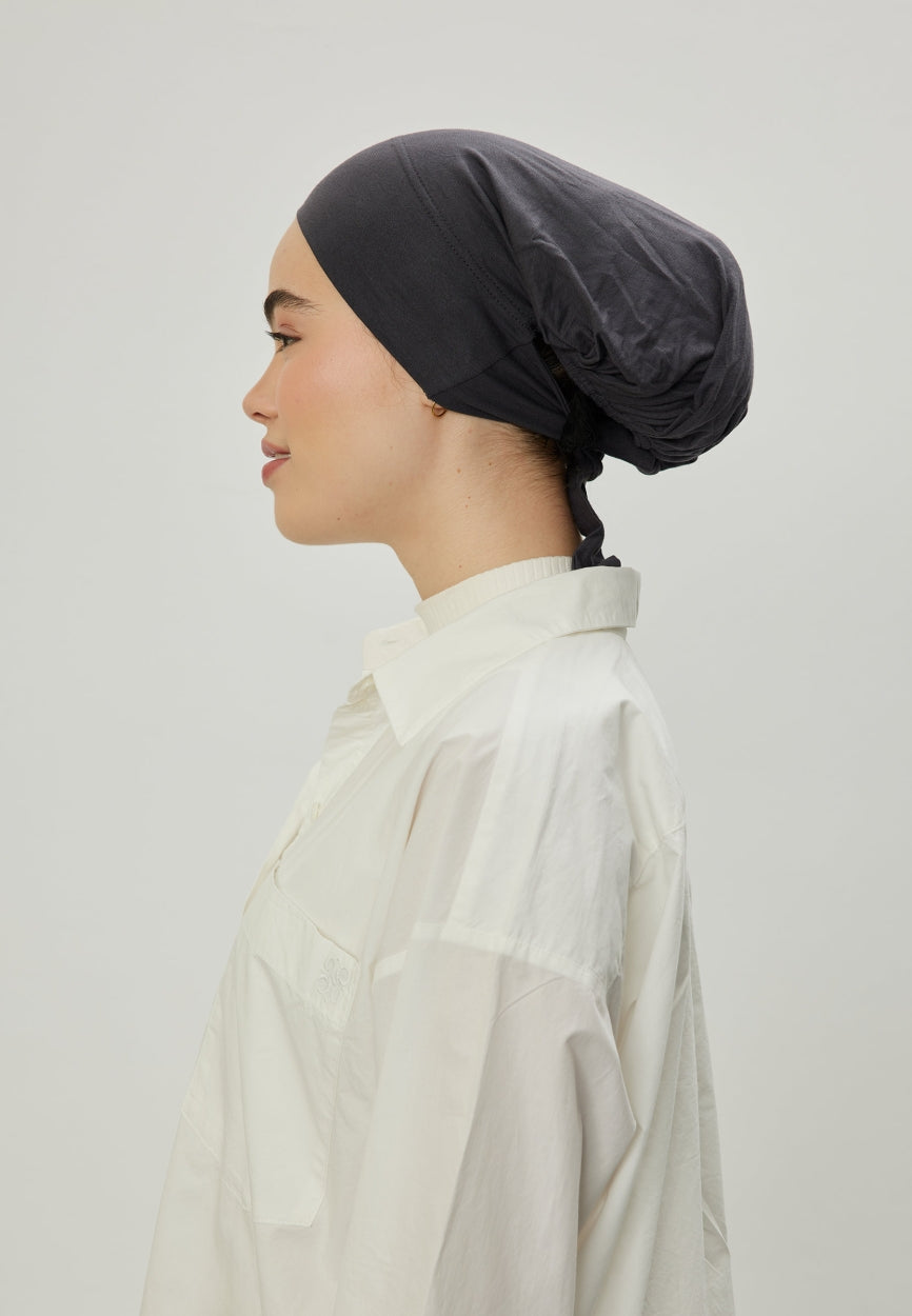 Front view of Anthracite Large Volume Bonnet, modest Scarf for weddings