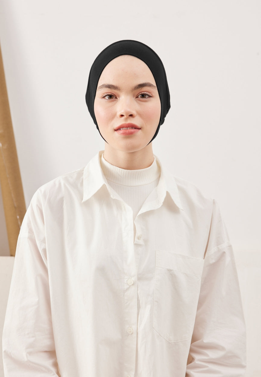 Black Large Volume Practical Bonnet side angle showing elegant silhouette