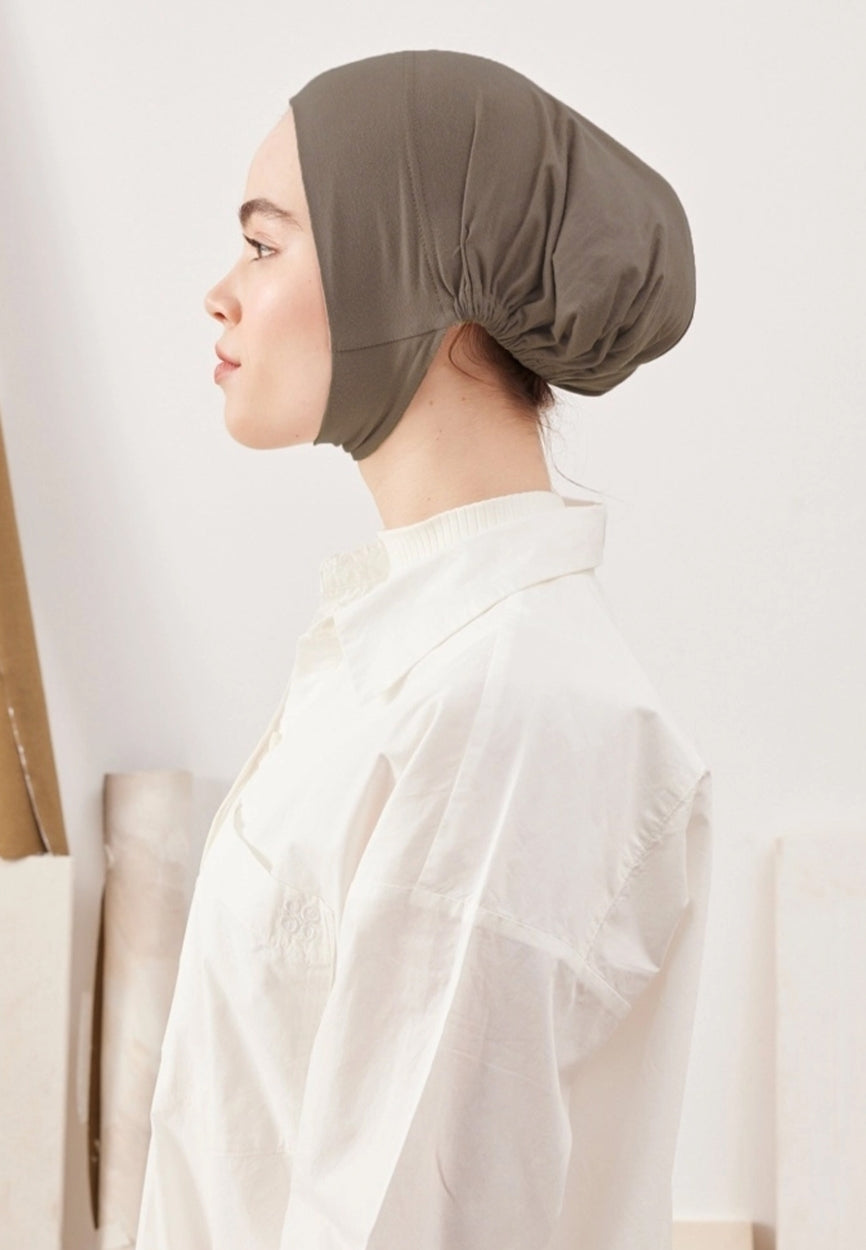 Back view of Mink Large Volume Practical Bonnet Dark displaying full coverage design