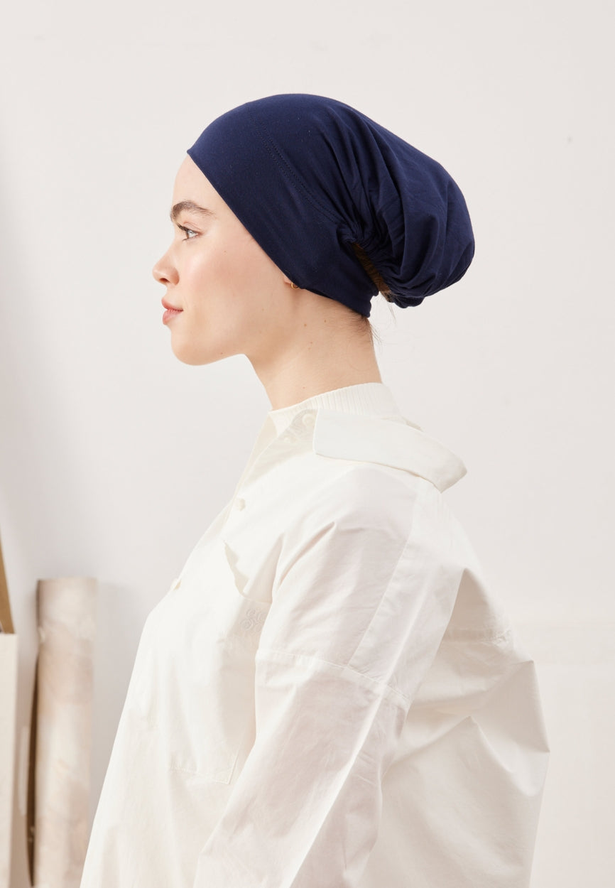 Front view of Blue Large Volume Practical Bonnet Dark, modest Scarf for professional events