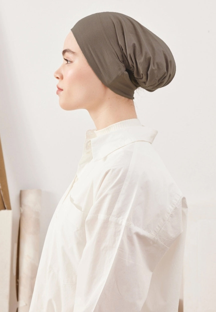 Front view of Mink Large Volume Practical Bonnet Dark, modest Scarf for autumn events