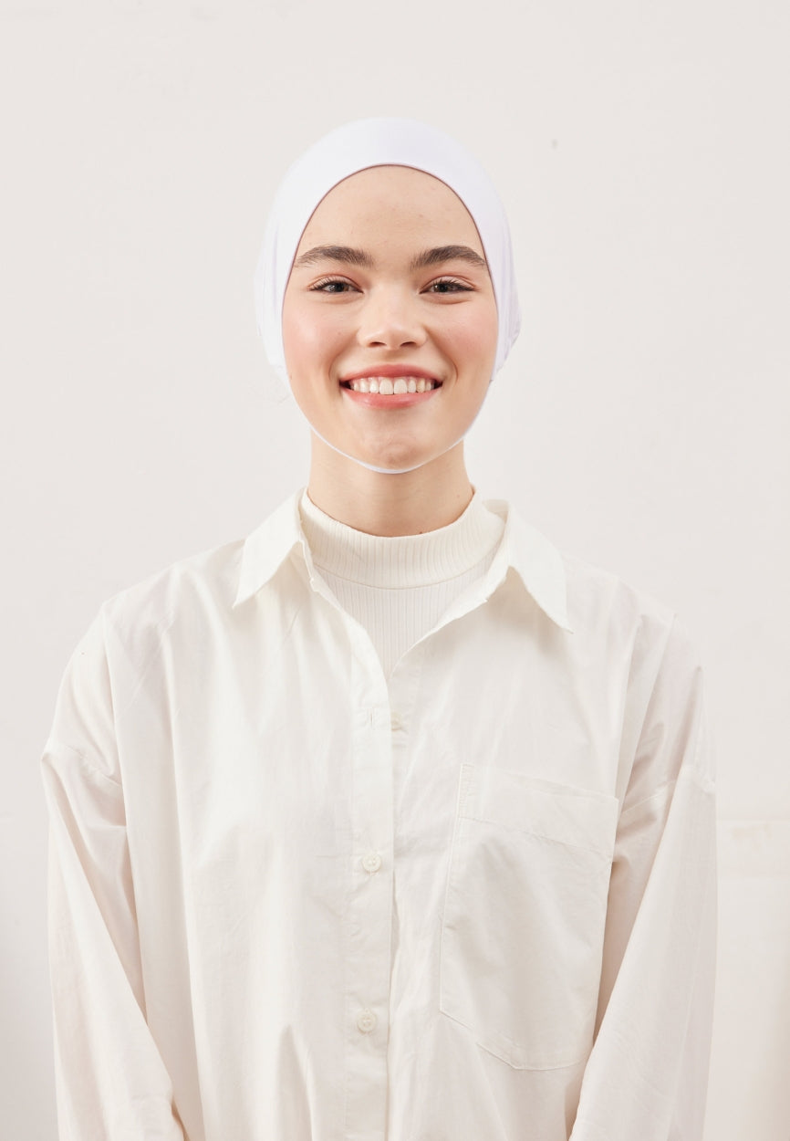 Front view of White Large Volume Practical Bonnet, modest Scarf for weddings