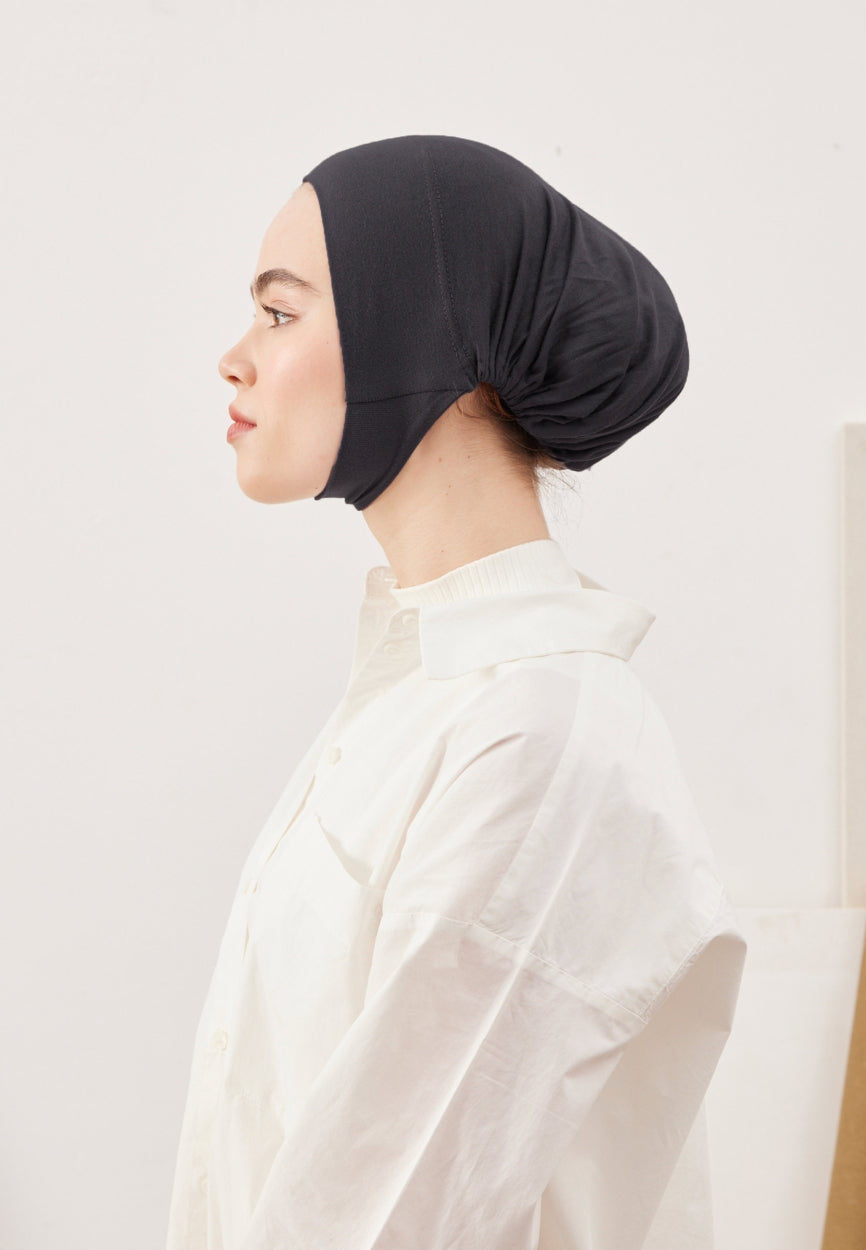 Front view of Anthracite Large Volume Practical Bonnet, modest Scarf for weddings