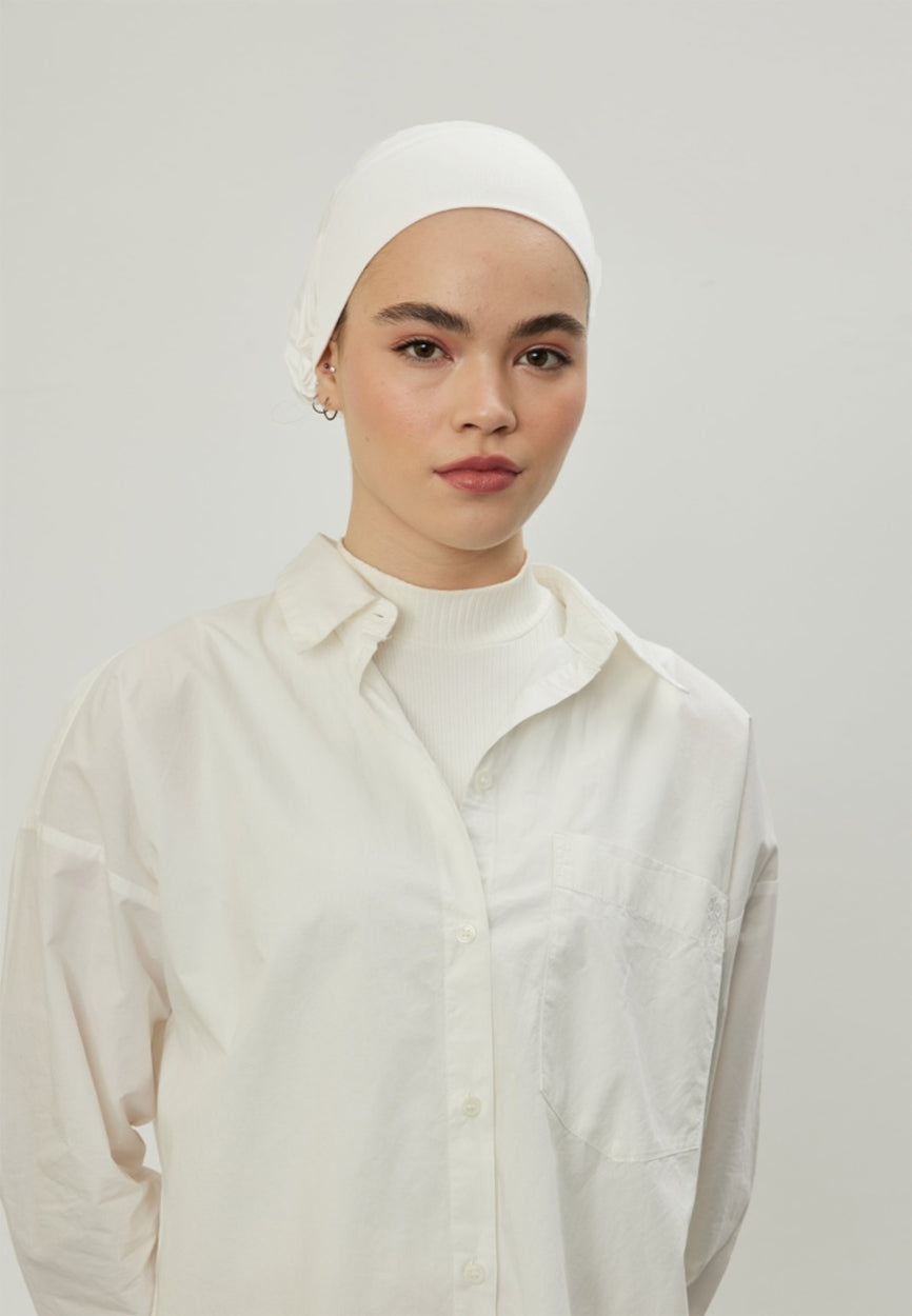 Ecru Large Volume Tie Bonnet side angle showing elegant silhouette