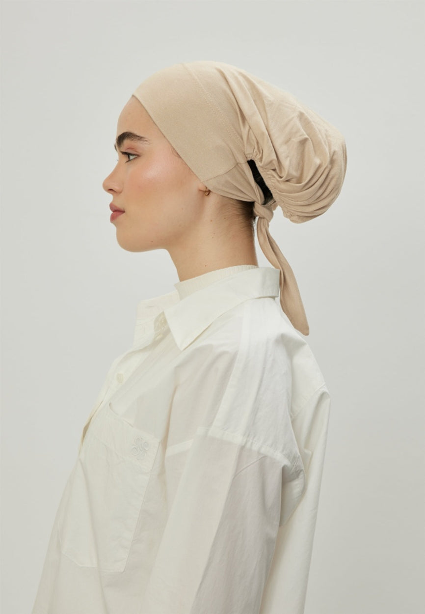 Front view of Beige Large Volume Tie Bonnet, modest Scarf for weddings