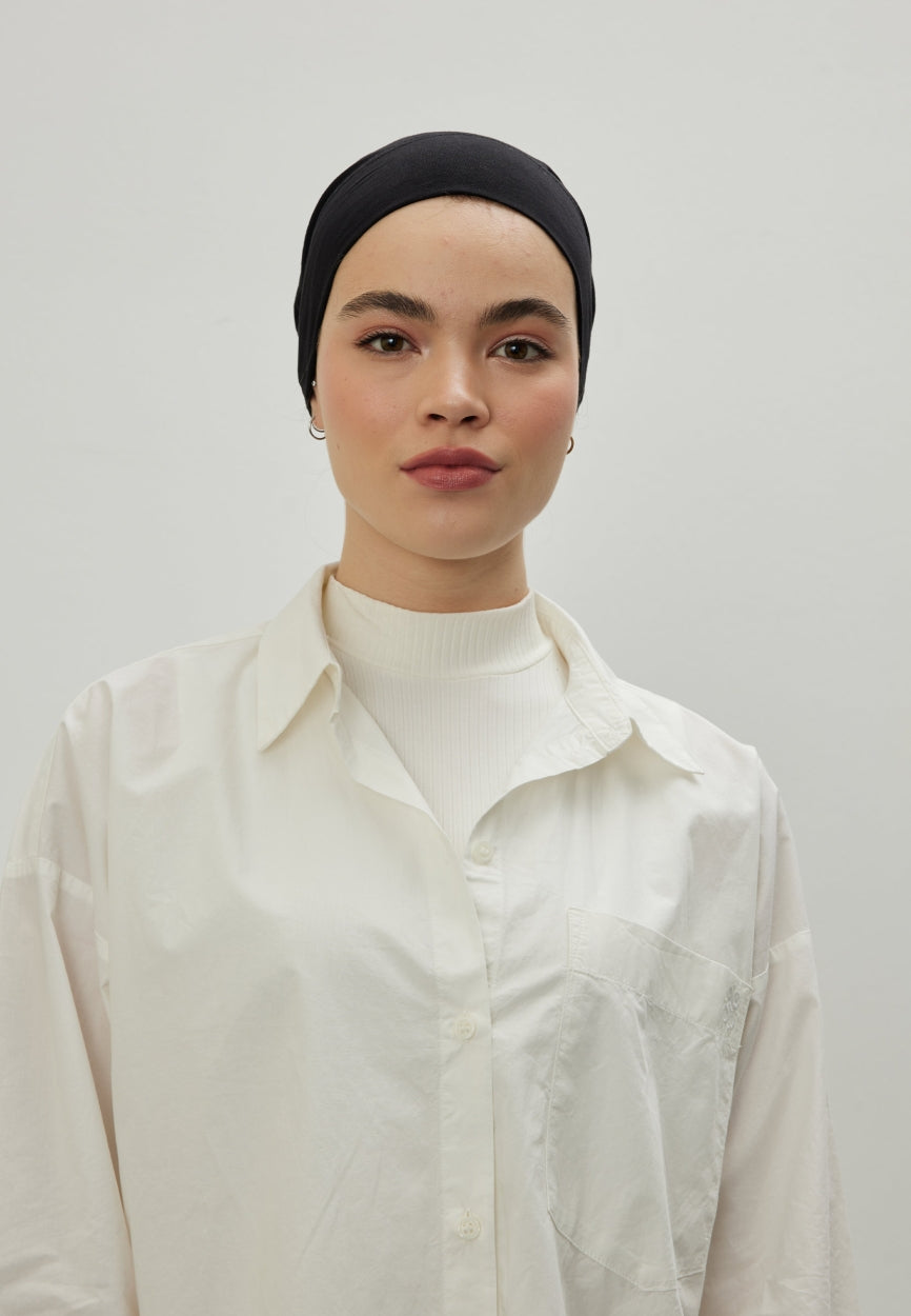 Front view of Black Large Volume Tie Bonnet, modest Scarf for weddings