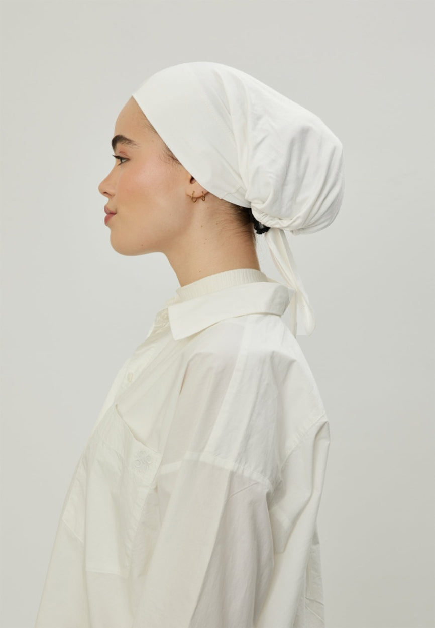 Front view of Ecru Large Volume Tie Bonnet, modest Scarf for weddings