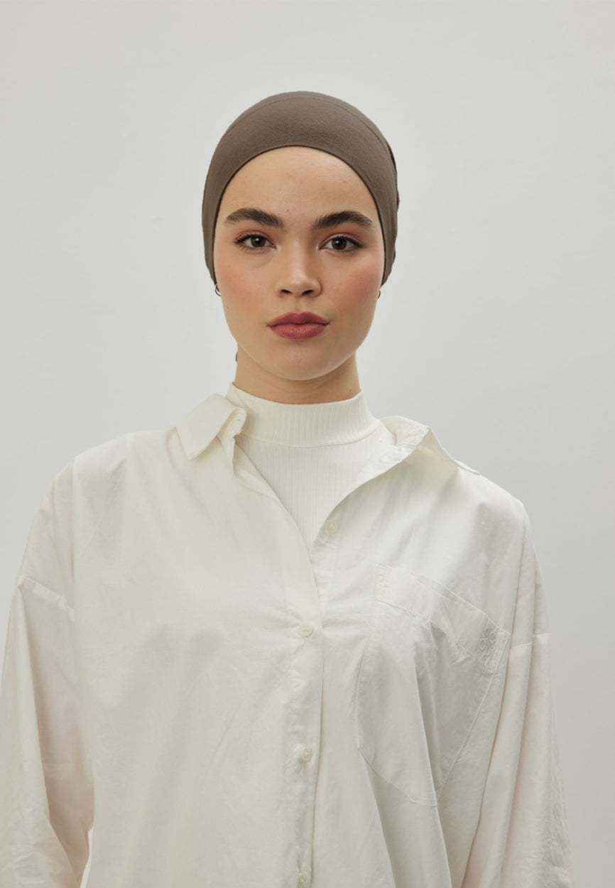 Front view of Mink Large Volume Tie Bonnet, modest Scarf for autumn events