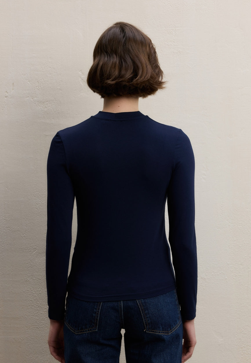 Qivola Long Sleeve Bamboo Body Undershirt in Navy Blue, detail view
