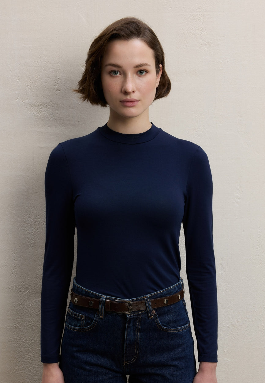 Qivola Long Sleeve Bamboo Body Undershirt in Navy Blue, front view