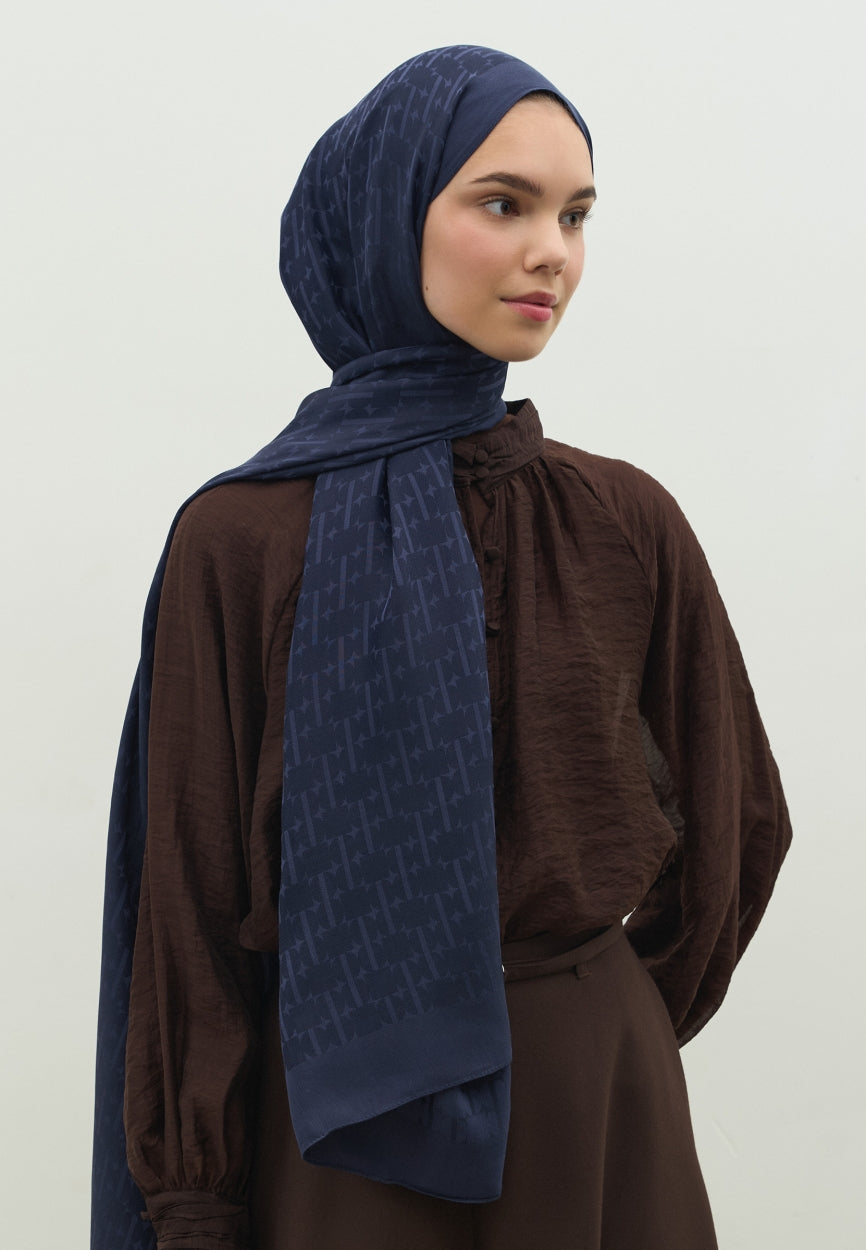Blue Monogram Cotton Flush Jacquard Hijab Dark Navy side angle showing elegant silhouette