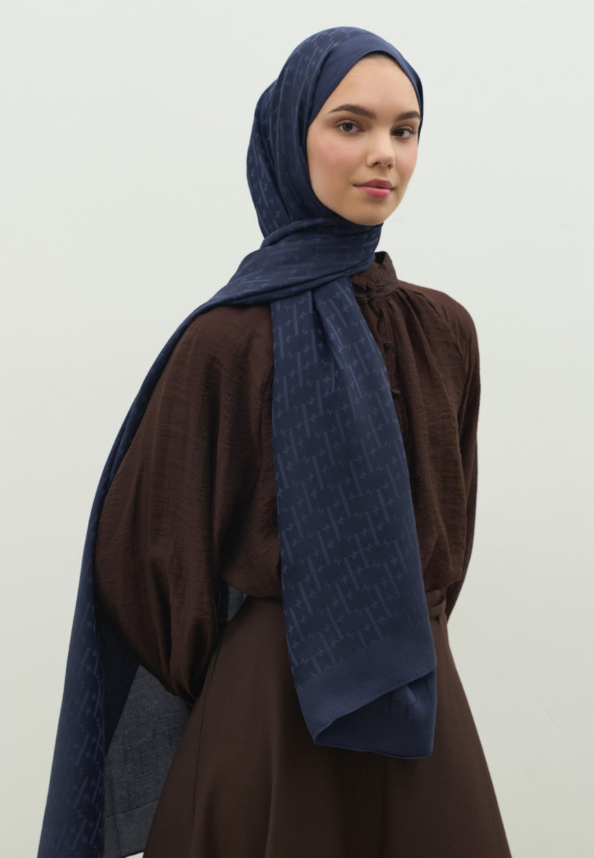 Front view of Blue Monogram Cotton Flush Jacquard Hijab Dark Navy, modest Hijab for professional events