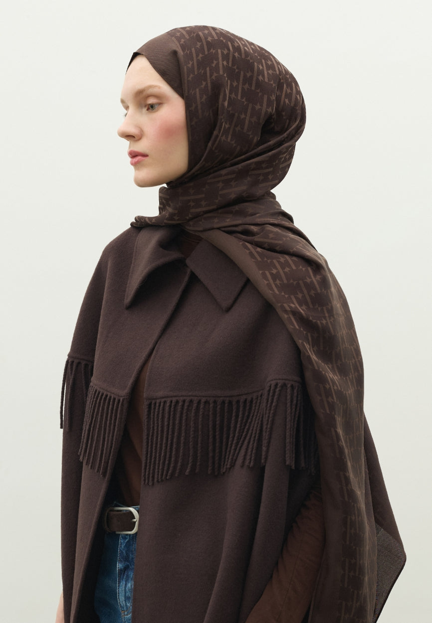 Brown Monogram Cotton Flush Jacquard Hijab Bitter side angle showing elegant silhouette