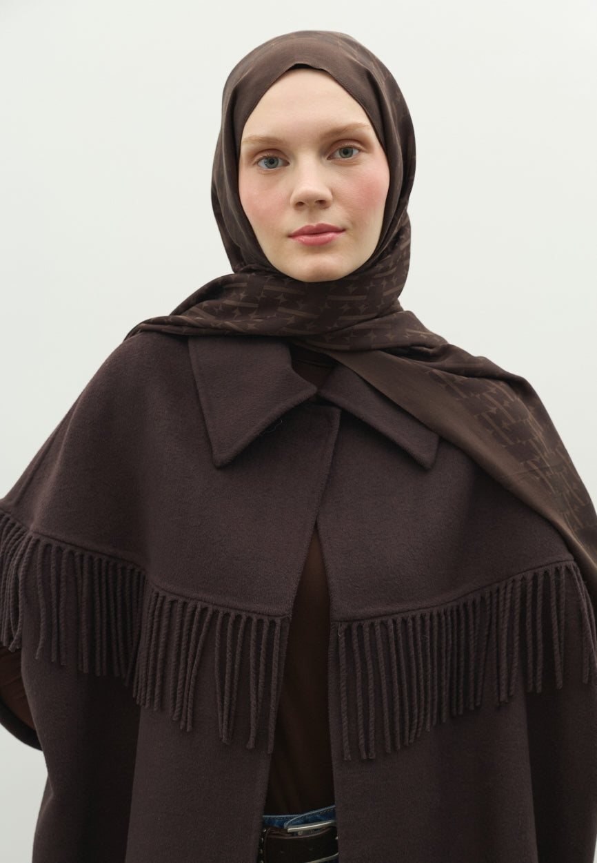 Back view of Brown Monogram Cotton Flush Jacquard Hijab Bitter displaying full coverage design