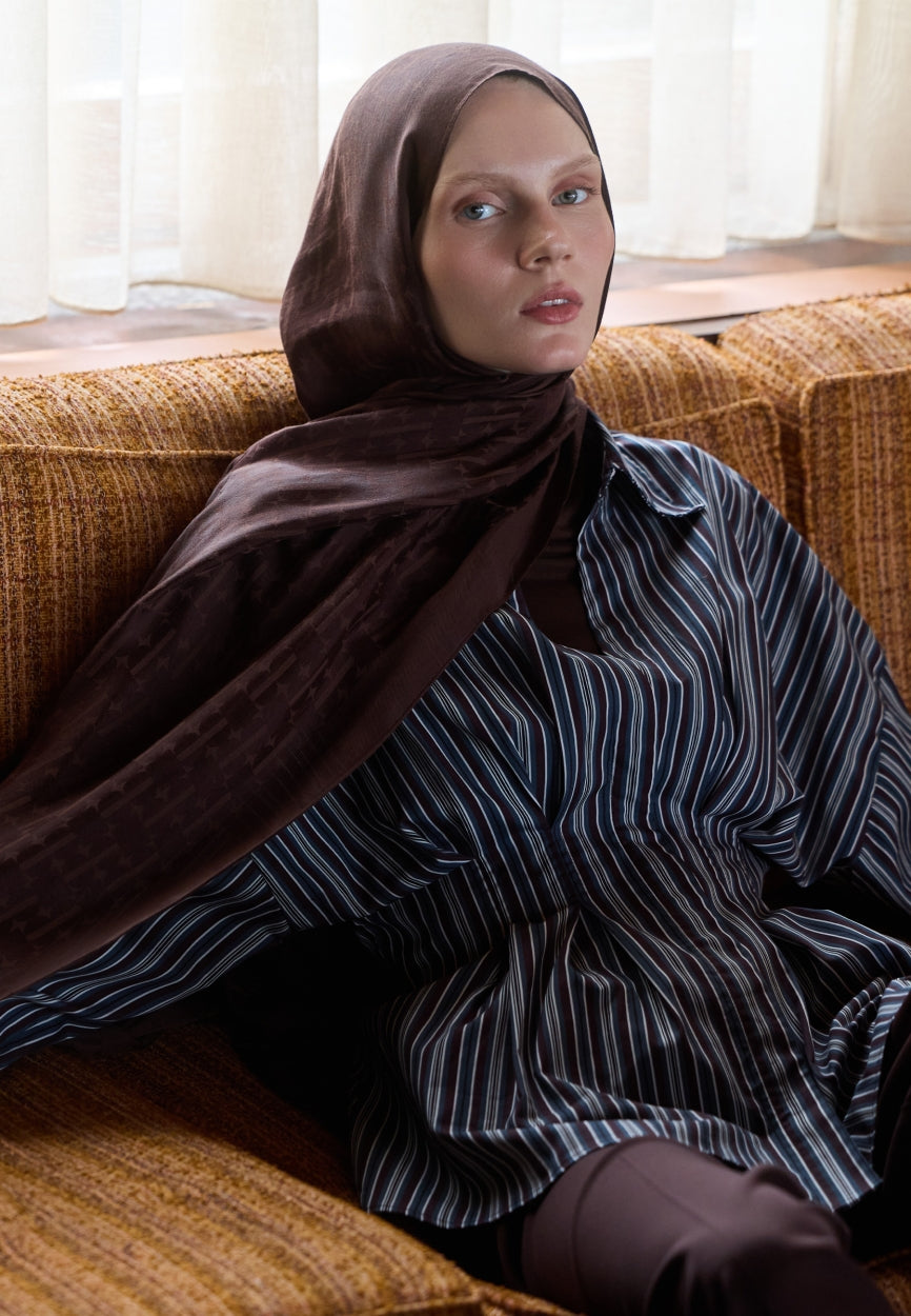 Front view of Brown Monogram Cotton Flush Jacquard Hijab Bitter, modest Hijab for autumn events