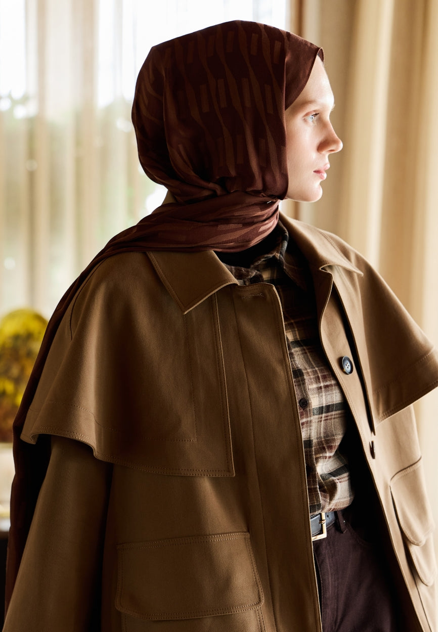 Front view of Bark Nara Cotton Flush Jacquard Hijab Tree, modest Hijab for weddings